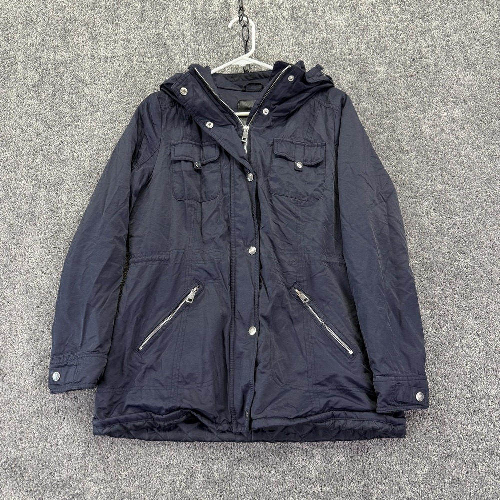 F&F Coat Womens 6 Blue Hooded Quilted Parka Full Zip Pockets Winter Casual